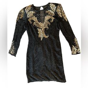 Vintage 80s Laurence Kazar Cocktail Party Black Gold Sequined Beaded Silk Dress